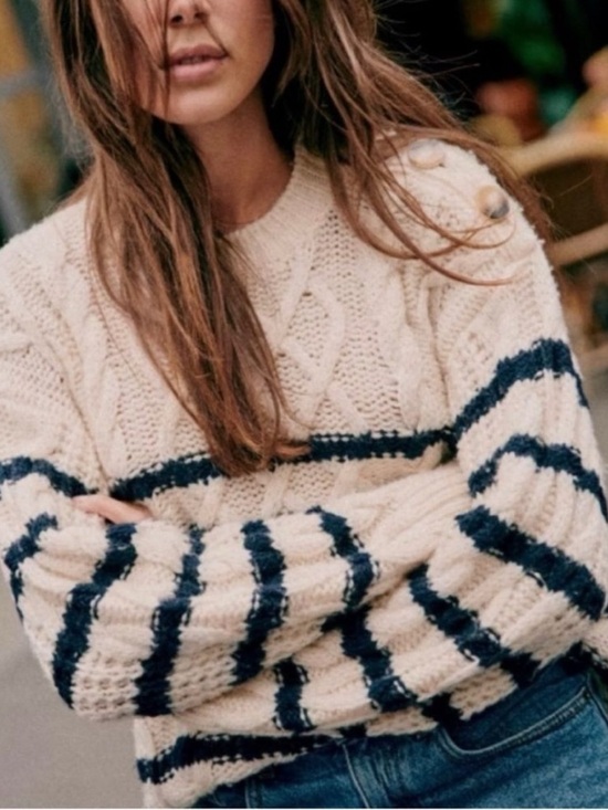 Sezane Sweaters - SEZANE James Navy Blue Ivory Striped Cable Knit Button Shoulder Sweater Sz Small
